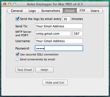 Aobo Keylogger pour Mac - Options de messagerie