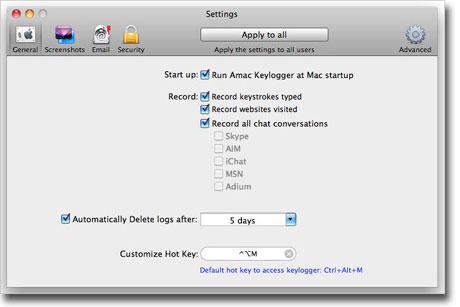 Amac Keylogger for Mac - general settings