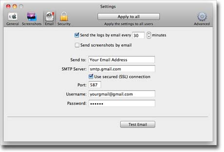 Amac Keylogger for Mac - delivery settings