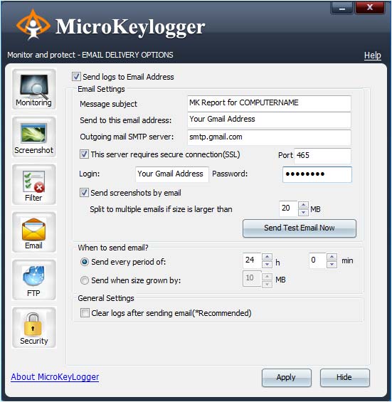 Micro Keylogger - Email Settings
