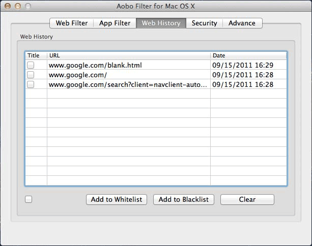 Aobo Filter for Mac OS X - Web History